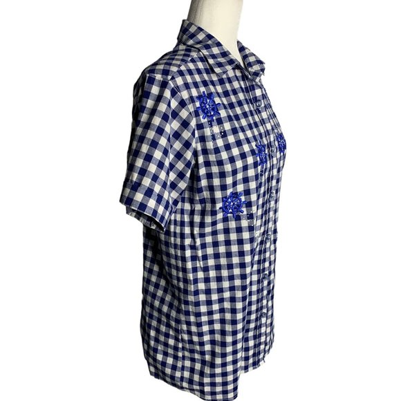 Quacker Factory Embroidered Button Up Shirt XXS Blue Gingham Short Sleeves - Picture 6 of 7